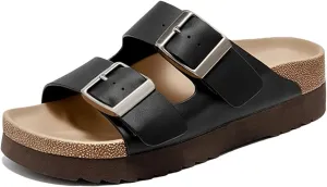 Women's Genuine Leather Slippers - Metal Buckle Double Strap Summer Beach Flats