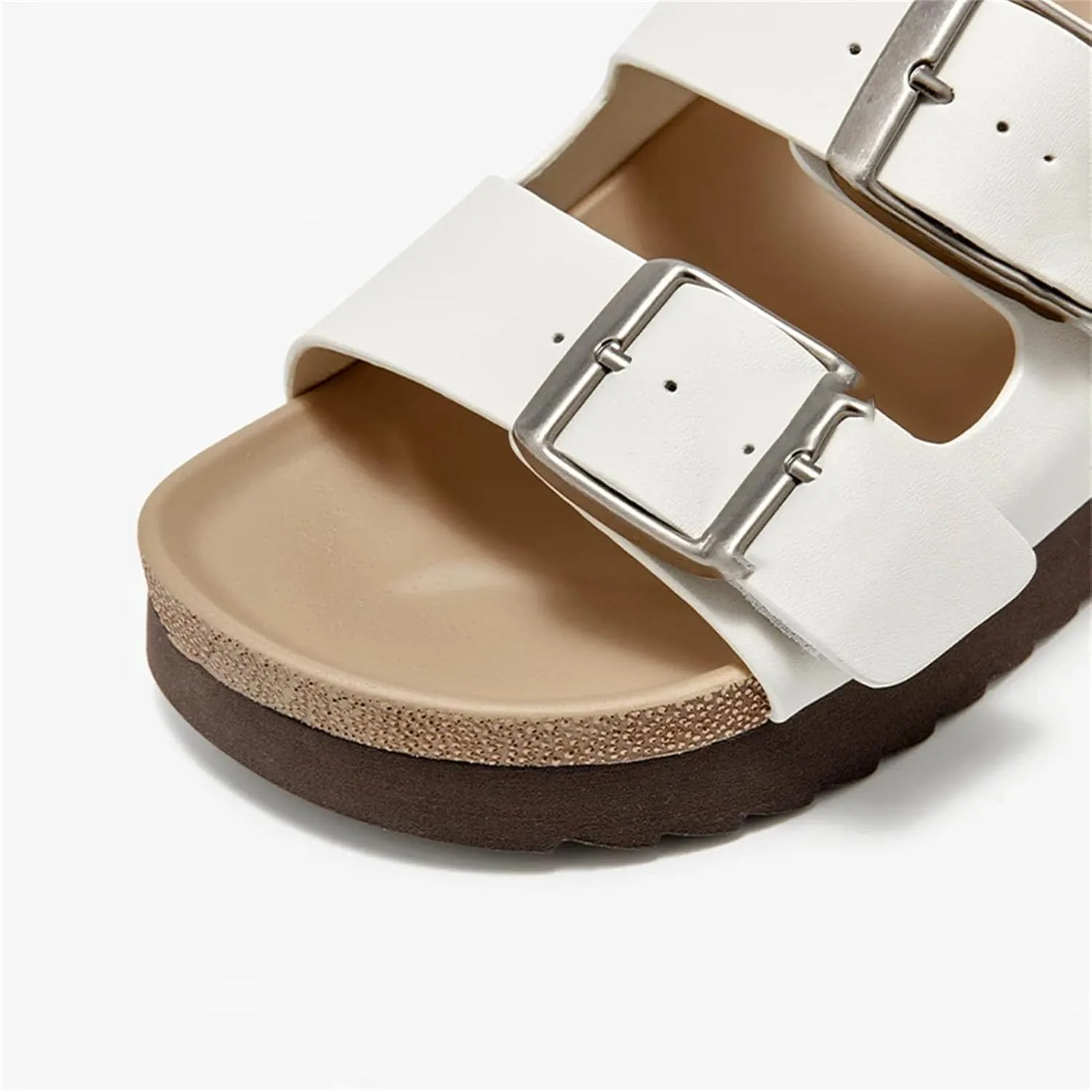 Women's Genuine Leather Slippers - Metal Buckle Double Strap Summer Beach Flats
