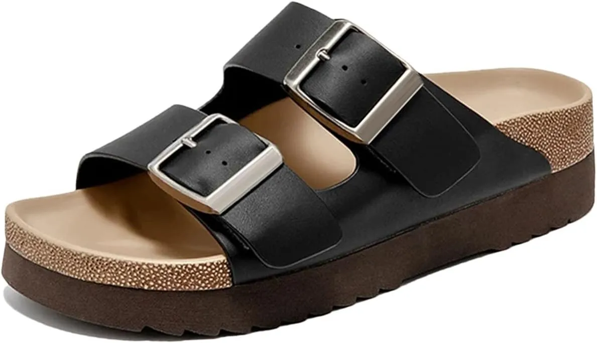 Women's Genuine Leather Slippers - Metal Buckle Double Strap Summer Beach Flats