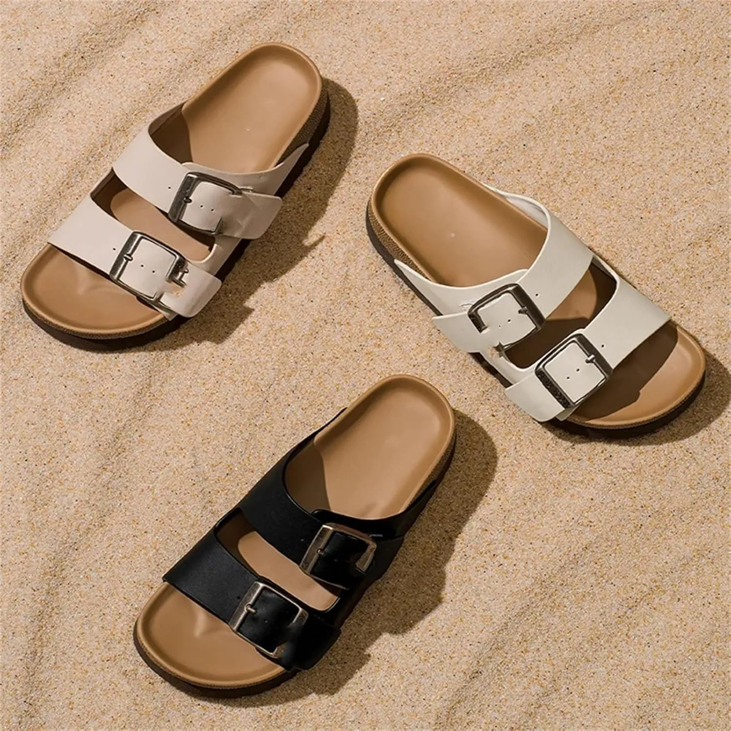 Women's Genuine Leather Slippers - Metal Buckle Double Strap Summer Beach Flats