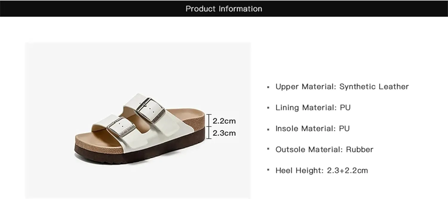 Women's Genuine Leather Slippers - Metal Buckle Double Strap Summer Beach Flats
