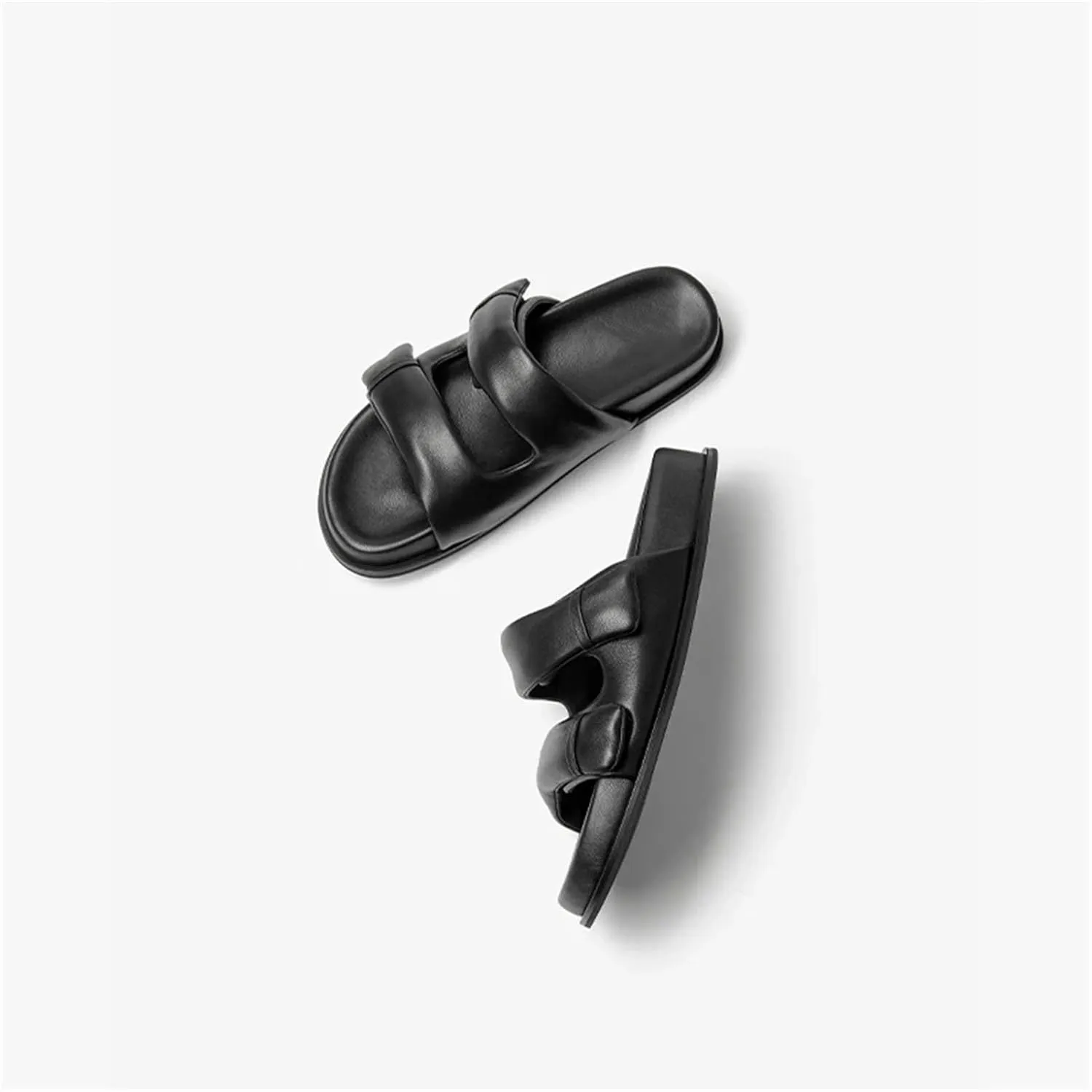 Women's Genuine Leather Slippers - Thick Sole Double Strap Beach Summer Flats