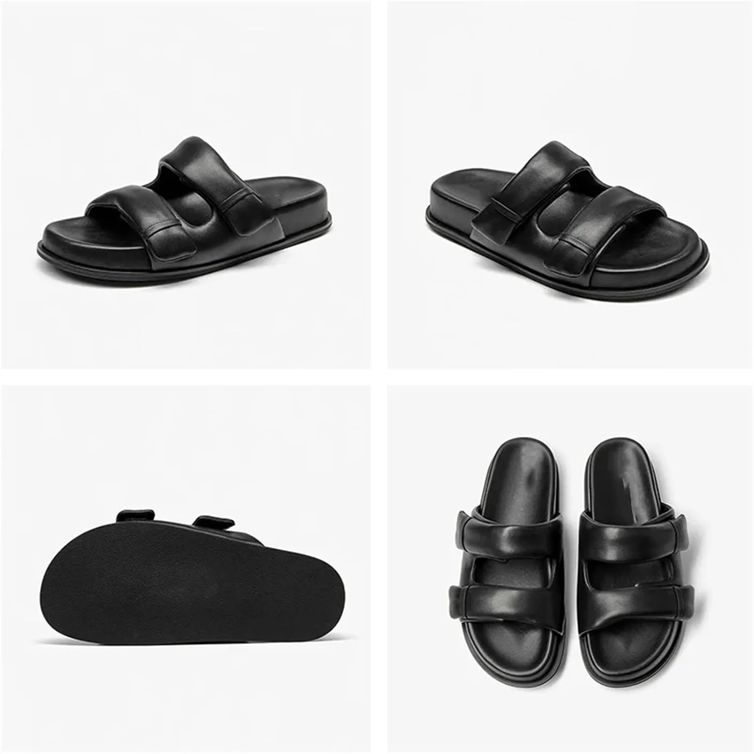 Women's Genuine Leather Slippers - Thick Sole Double Strap Beach Summer Flats