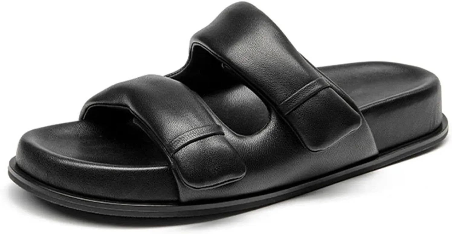 Women's Genuine Leather Slippers - Thick Sole Double Strap Beach Summer Flats
