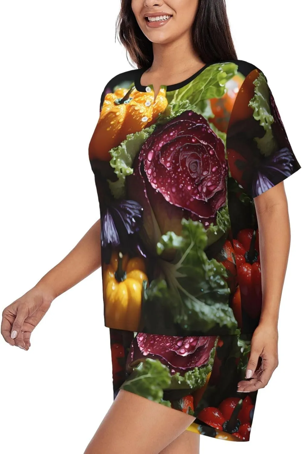 Women's Short-Sleeved Pajama Set - Skin-Friendly Fresh Cabbage Print Sleepwear for Comfortable Nights and Loungewear