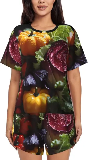 Women's Short-Sleeved Pajama Set - Skin-Friendly Fresh Cabbage Print Sleepwear for Comfortable Nights and Loungewear