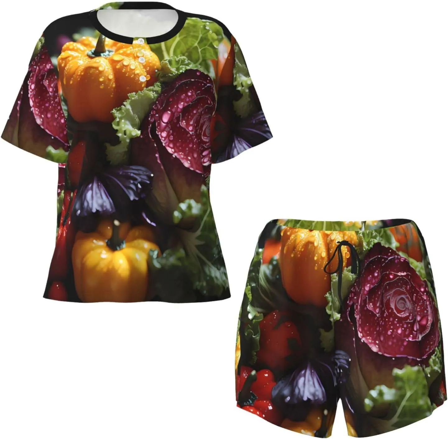 Women's Short-Sleeved Pajama Set - Skin-Friendly Fresh Cabbage Print Sleepwear for Comfortable Nights and Loungewear