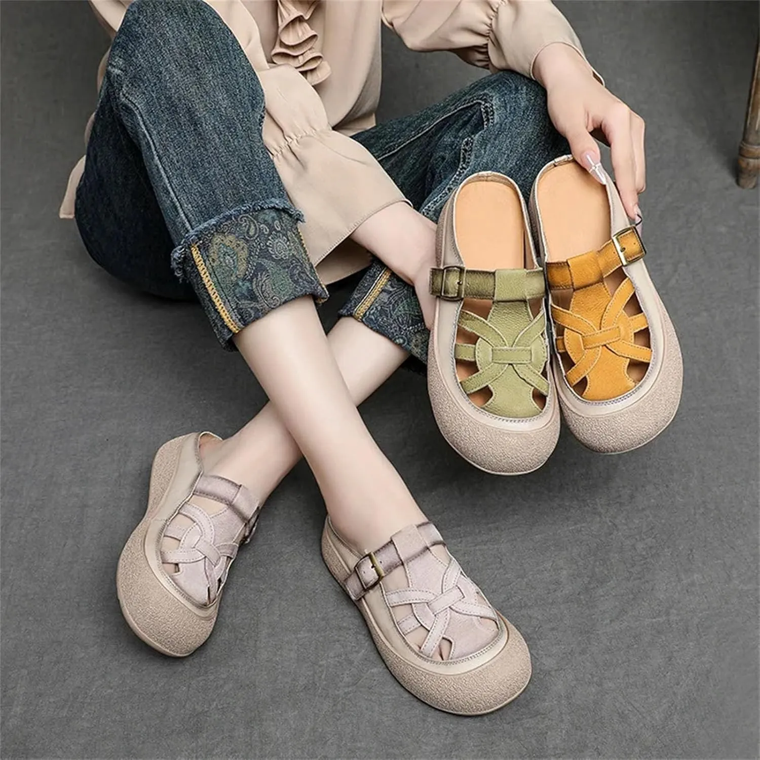 Women's Suede Mary Jane Flats - 3cm Woven Leather Summer Hollow Platform