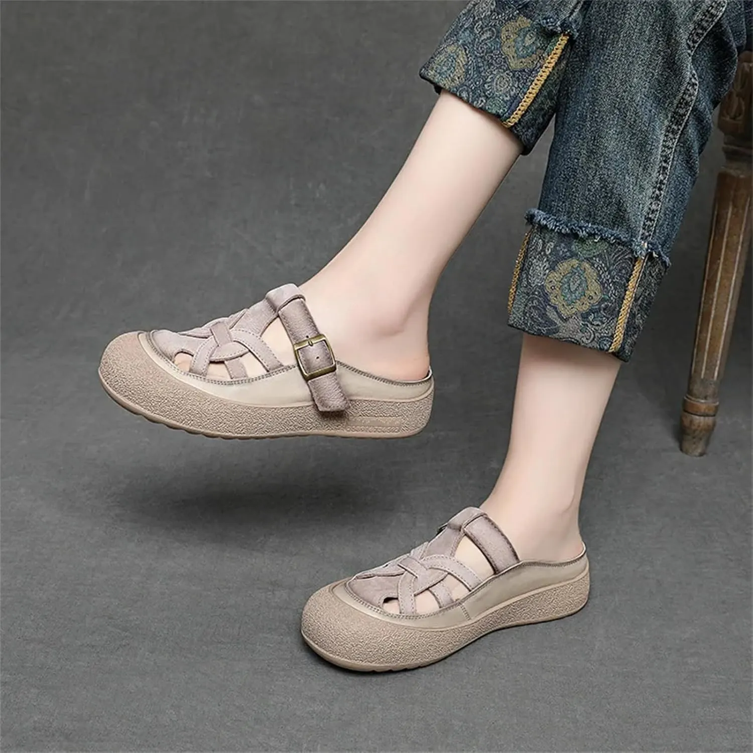 Women's Suede Mary Jane Flats - 3cm Woven Leather Summer Hollow Platform
