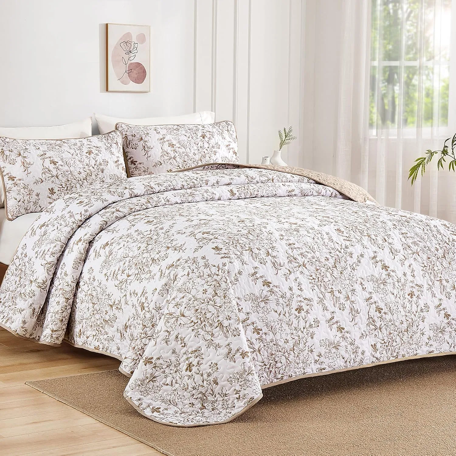 WONGS BDEEING King Size Quilt Set, Brown Quilt Bedding Set with 2 Pillowcases, Botanical Quilt for King Bed, Soft Microfiber Lightweight Coverlet Bedspread for All Season (110"×90", 3 Pieces)