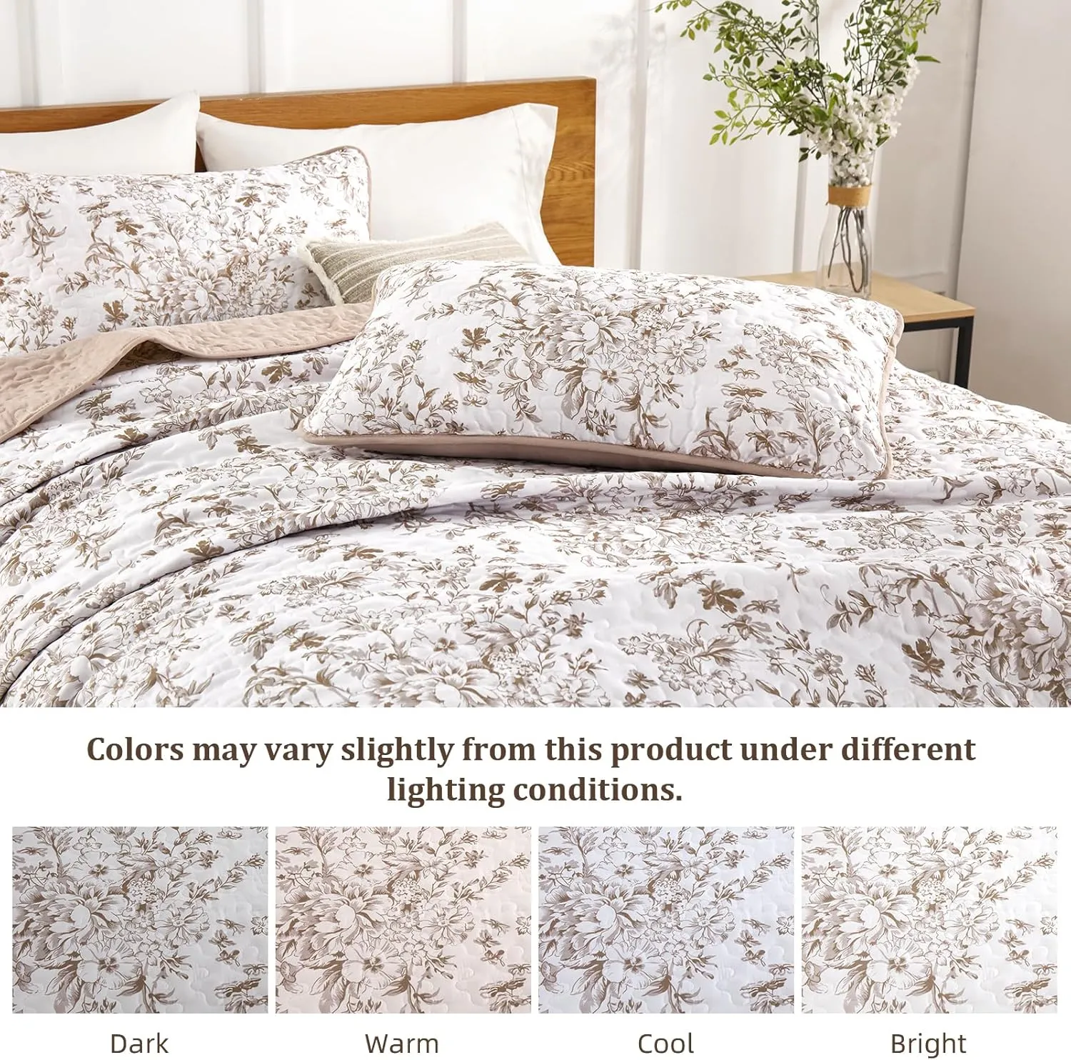 WONGS BDEEING King Size Quilt Set, Brown Quilt Bedding Set with 2 Pillowcases, Botanical Quilt for King Bed, Soft Microfiber Lightweight Coverlet Bedspread for All Season (110"×90", 3 Pieces)