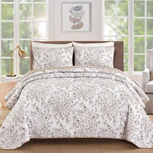 WONGS BDEEING King Size Quilt Set, Brown Quilt Bedding Set with 2 Pillowcases, Botanical Quilt for King Bed, Soft Microfiber Lightweight Coverlet Bedspread for All Season (110"×90", 3 Pieces)