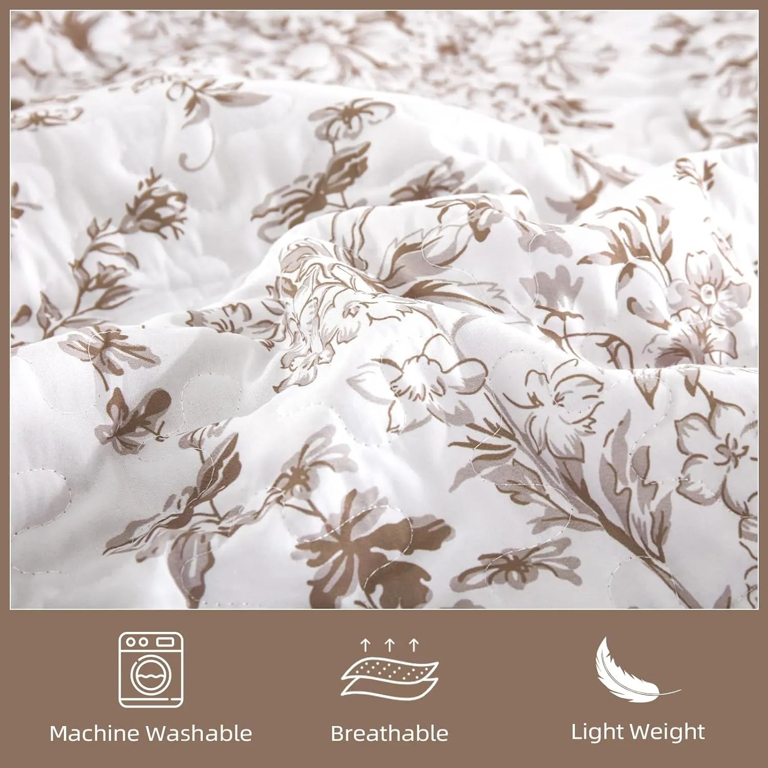 WONGS BDEEING King Size Quilt Set, Brown Quilt Bedding Set with 2 Pillowcases, Botanical Quilt for King Bed, Soft Microfiber Lightweight Coverlet Bedspread for All Season (110"×90", 3 Pieces)