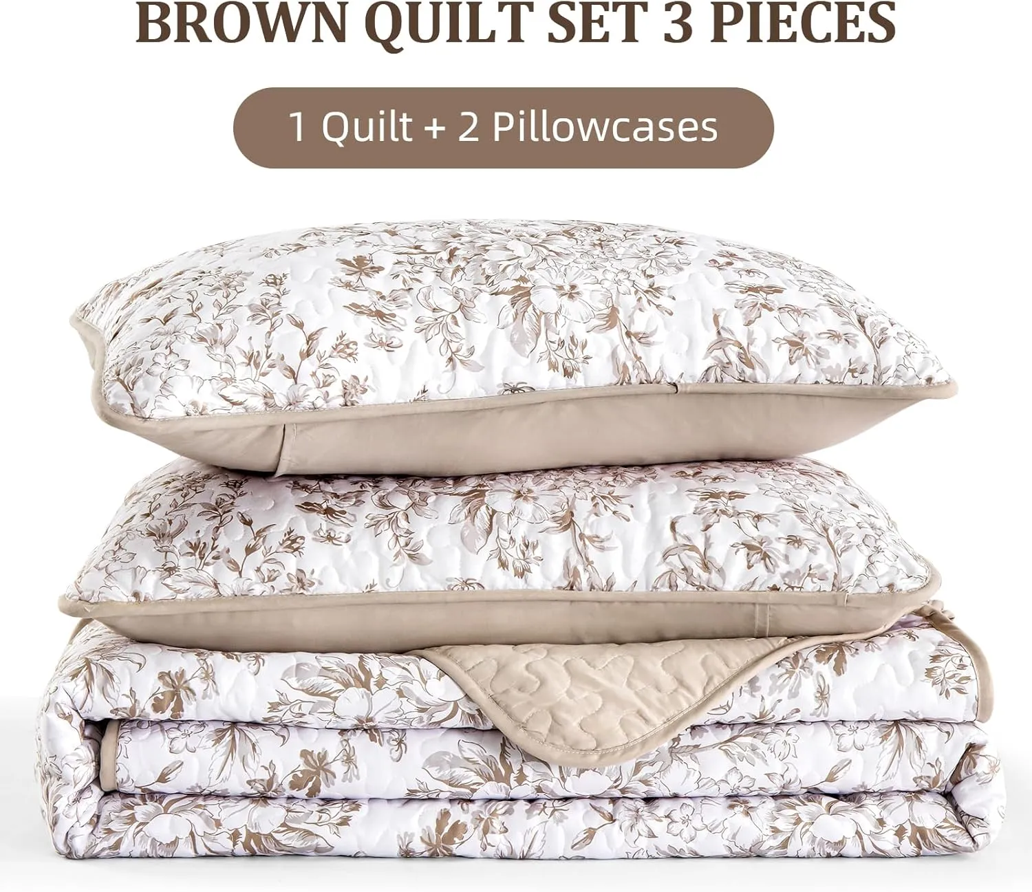 WONGS BDEEING King Size Quilt Set, Brown Quilt Bedding Set with 2 Pillowcases, Botanical Quilt for King Bed, Soft Microfiber Lightweight Coverlet Bedspread for All Season (110"×90", 3 Pieces)