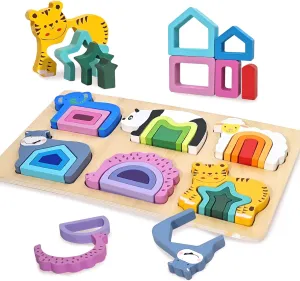 Wooden Animal Shape Puzzle for Toddlers 3-5, Sorting & Stacking Toys for Baby Boys Girls, Shape Sorter and Color Sensory Educational Toys