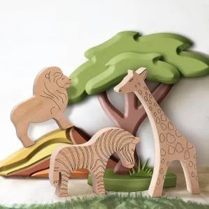 Wooden Animal Toys, Handmade Wooden Safari Nursery for Toddler, Eco Friendly Toys for Kids,Preschool Montessori Toy 3 Pieces Set - Lion, Giraffe, Zebra