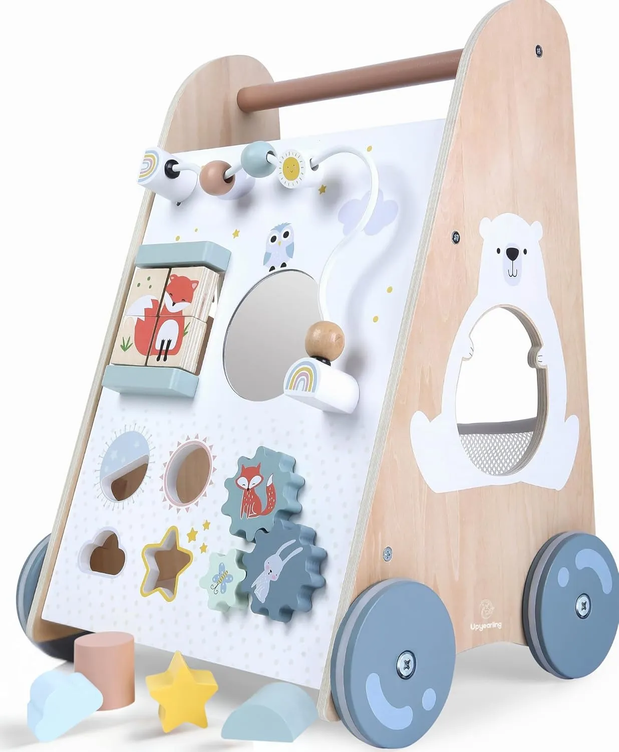 Wooden Baby Walker with Activity Center - Both Standing and Push Options - For Infants 10 to 12 months and Toddlers 1 Year Old and Up - Learn to Walk Toys for Boys and Girls - Babies Stand Up Activity