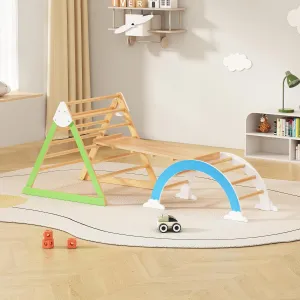 Wooden Climbing Triangle Toys, Indoor Arc Climber Jungle with Ramp and Arch Toy Rocker, Reversible Multifunction Playset, Natural Wood Playground, Natural Wood