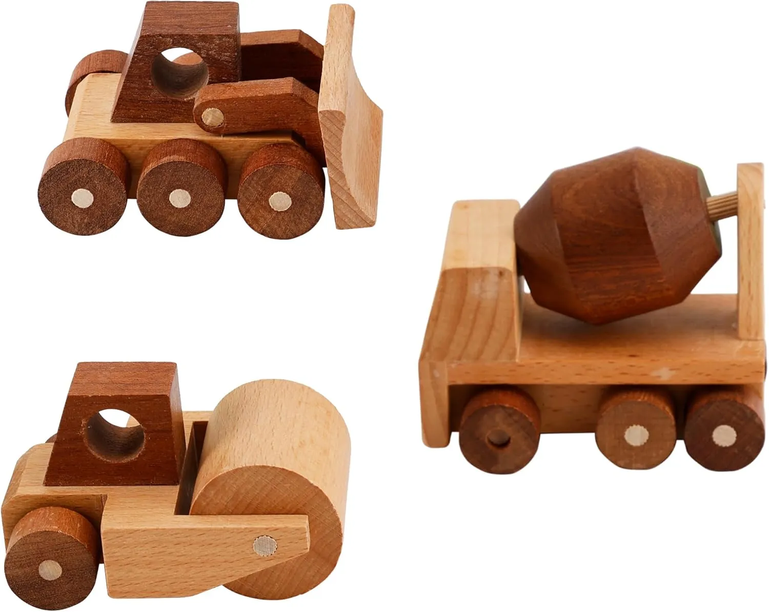 Wooden Construction Vehicle Toy Set of 3, Toddler Montessori Toys Cement Truck Bulldozer Steam Roller Toy Car with Rolling Wheels, Kid Construction Toys Educational Gift for Boys & Girls