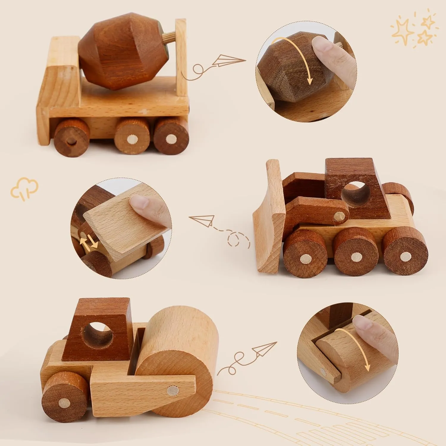 Wooden Construction Vehicle Toy Set of 3, Toddler Montessori Toys Cement Truck Bulldozer Steam Roller Toy Car with Rolling Wheels, Kid Construction Toys Educational Gift for Boys & Girls
