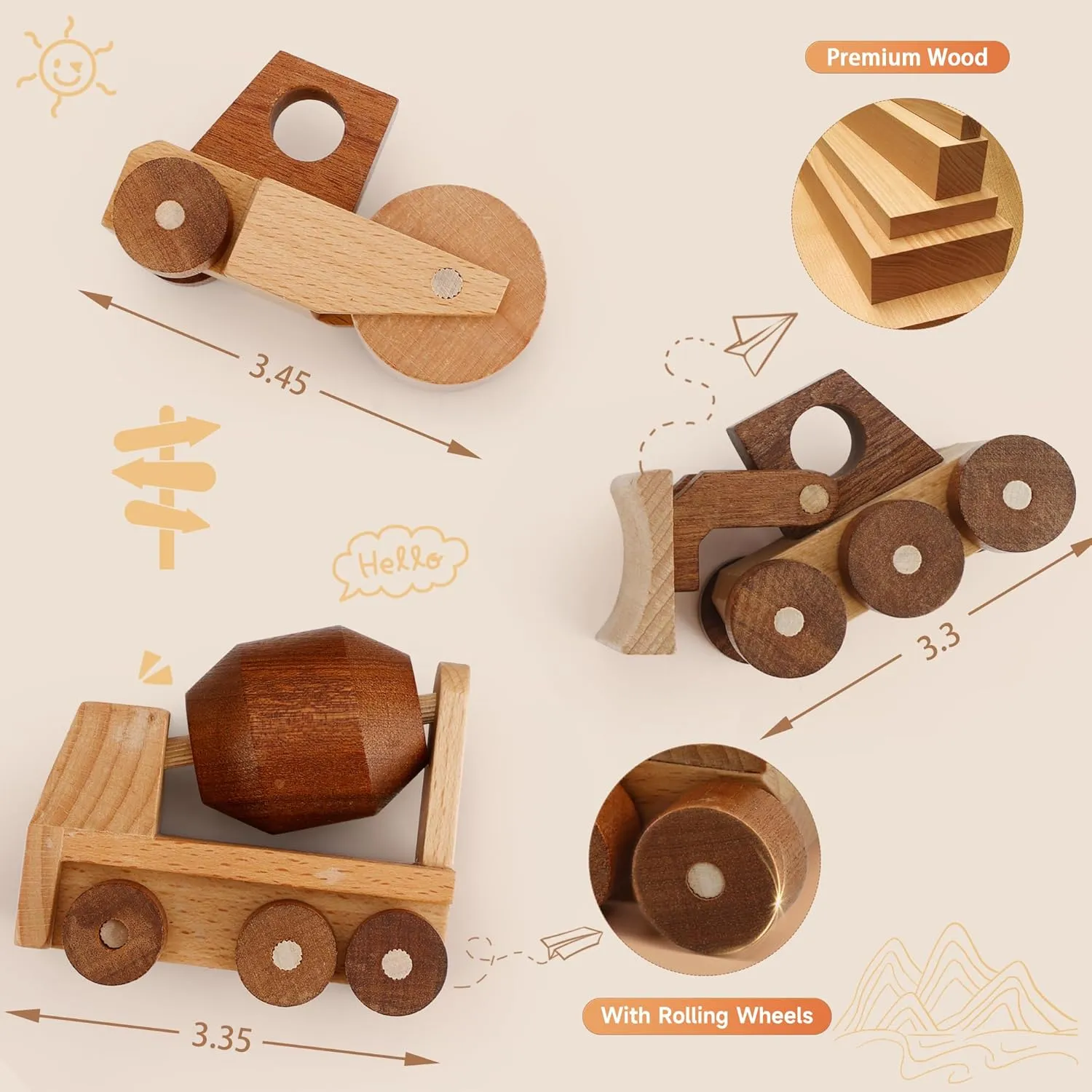 Wooden Construction Vehicle Toy Set of 3, Toddler Montessori Toys Cement Truck Bulldozer Steam Roller Toy Car with Rolling Wheels, Kid Construction Toys Educational Gift for Boys & Girls