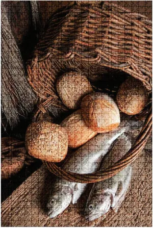 Wooden Jigsaw Puzzle Game an overturned Basket of Bread Loaves and Two uncooked Fish Still 1000 Pieces for Adult Children DIY Toys