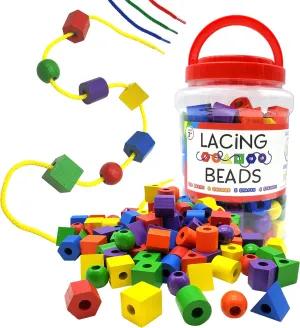 Wooden Lacing Beads & Strings 125 Pieces, Fine Motor Skills Toys for 3 Year Old, Fine Motor Toys, Lacing Beads for Toddlers, Occupational Therapy Toy for Toddler