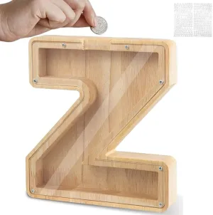 Wooden Personalized Piggy Bank, Large Piggy Banks for Kids Boys Girls Adults, 9.1in 26 Alphabet Letter Coin Bank, Transparent Money Saving Box DIY Creative Gift Birthday Home Decoration (Z)