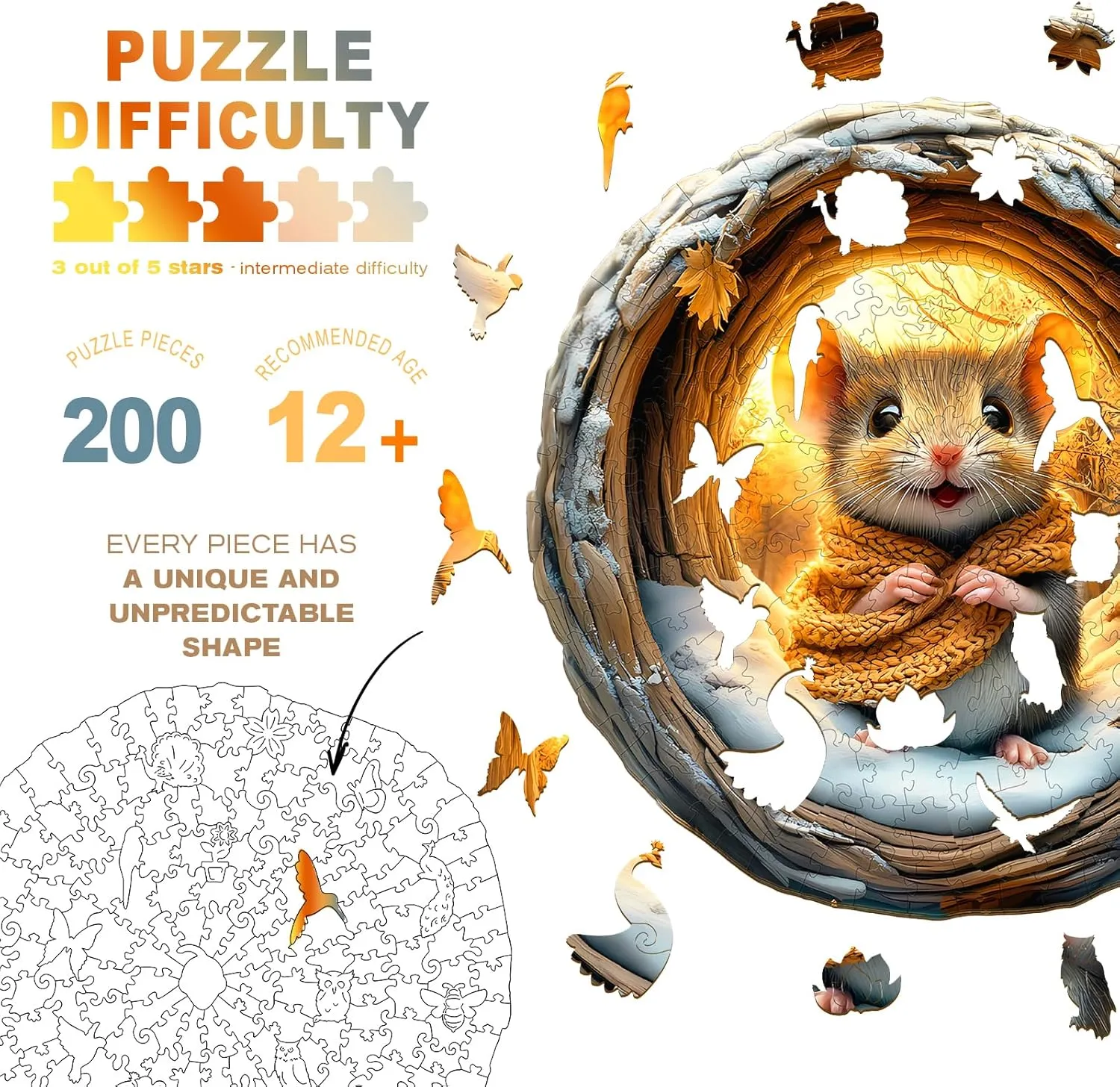 Wooden Puzzles for Adults - Unique Shape 3D Vision Wooden Puzzle - Cave Mouse Wooden Puzzles - Challenging Adult Animal Puzzles Creative Gifts - Birthday Gifts for Adults - Puzzle Toys - (200pcs)