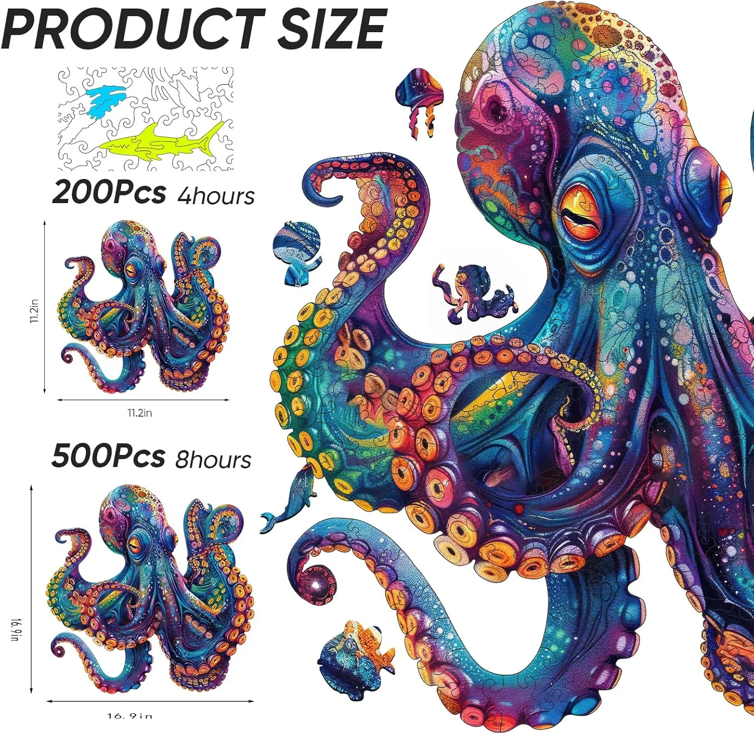 Wooden Puzzles for Adults,Octopus Wooden Jigsaw Puzzles 200pcs,11.2x11.2in,Medium,Unique Shape Adult Puzzles,Irregular Wood Puzzles Creative Gift for Adults and Kids Family Game