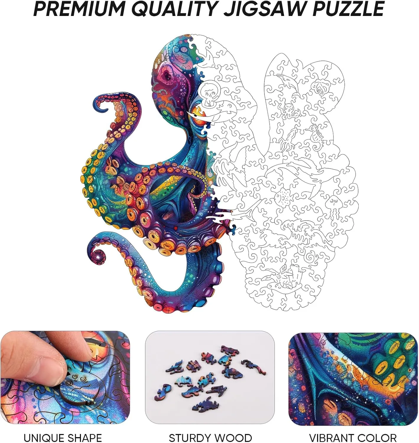 Wooden Puzzles for Adults,Octopus Wooden Jigsaw Puzzles 200pcs,11.2x11.2in,Medium,Unique Shape Adult Puzzles,Irregular Wood Puzzles Creative Gift for Adults and Kids Family Game