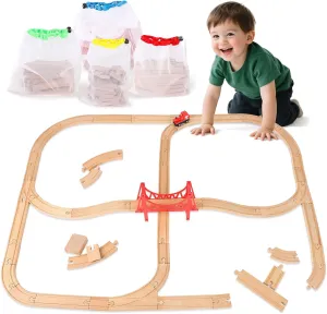 Wooden Train Set 60PCS for Toddlers - Expandable Train Tracks Compatible with Thomas, Melissa and Doug, Brio Toys, Creative Building Fun for Ages 3-5 Boys & Girls, Storage Included