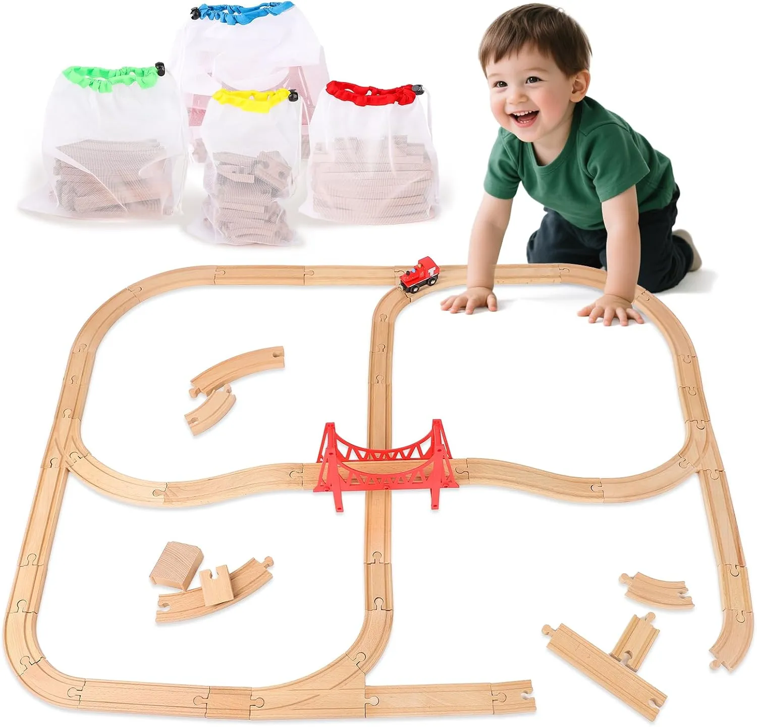 Wooden Train Set 60PCS for Toddlers - Expandable Train Tracks Compatible with Thomas, Melissa and Doug, Brio Toys, Creative Building Fun for Ages 3-5 Boys & Girls, Storage Included