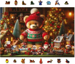 WOODEN.CITY Wooden Christmas Puzzle 1000 Piece - Xmas Teddy Bear - with 100 Unique Holiday Themed Figurine Pieces – Made in The EU – Perfect for Family Fun and Holiday Décor