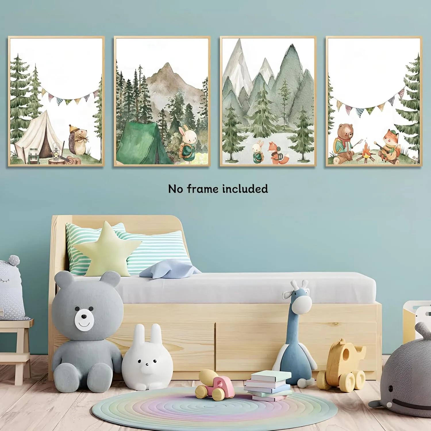 Woodland Adventure Nursery Canvas Wall Art Set of 4 Camping Animal Prints BearFox Rabbit Hiking PostersForest Mountain Themed Kids Room PictureNature Exploration Wall Decor Frameless 12x16In ﻿