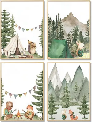 Woodland Adventure Nursery Canvas Wall Art Set of 4 Camping Animal Prints BearFox Rabbit Hiking PostersForest Mountain Themed Kids Room PictureNature Exploration Wall Decor Frameless 12x16In ﻿