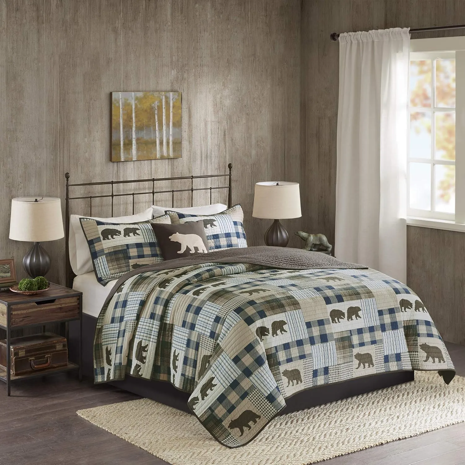Woolrich Reversible Quilt Cabin Lifestyle Design - All Season, Breathable Coverlet Bedspread Bedding Set, Matching Shams, Oversized Full/Queen, Twin Falls Bear Brown/Blue 4 Piece