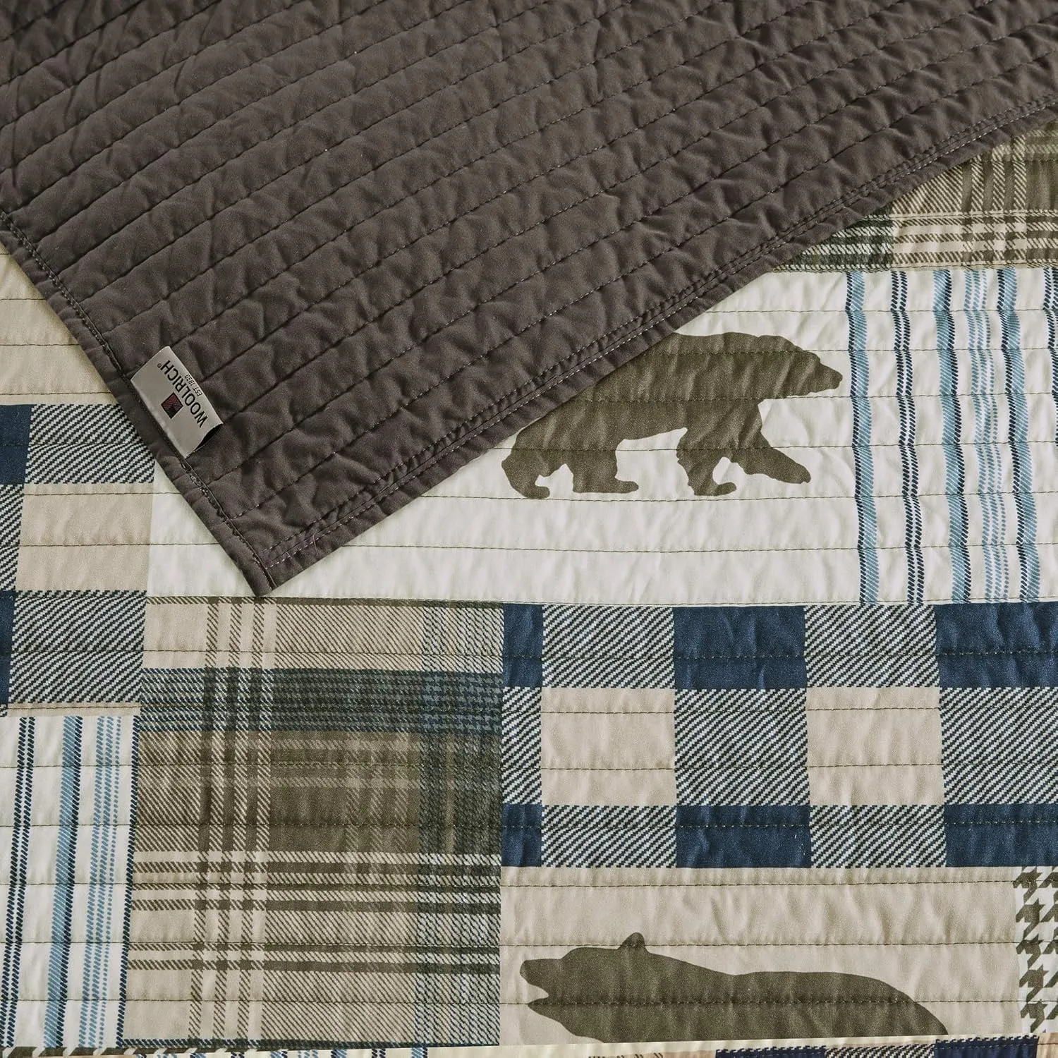 Woolrich Reversible Quilt Cabin Lifestyle Design - All Season, Breathable Coverlet Bedspread Bedding Set, Matching Shams, Oversized Full/Queen, Twin Falls Bear Brown/Blue 4 Piece