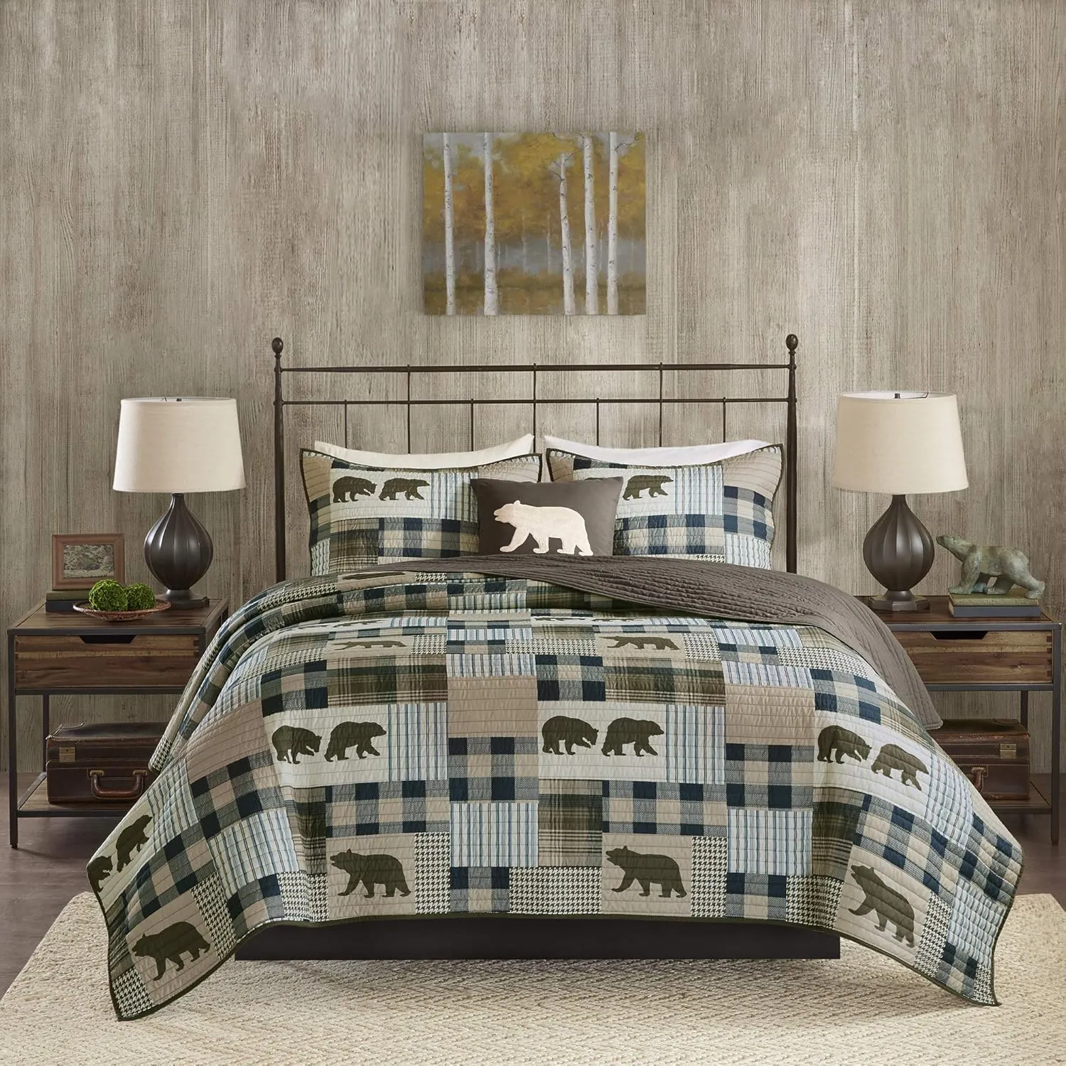 Woolrich Reversible Quilt Cabin Lifestyle Design - All Season, Breathable Coverlet Bedspread Bedding Set, Matching Shams, Oversized Full/Queen, Twin Falls Bear Brown/Blue 4 Piece