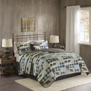 Woolrich Reversible Quilt Cabin Lifestyle Design - All Season, Breathable Coverlet Bedspread Bedding Set, Matching Shams, Oversized Full/Queen, Twin Falls Bear Brown/Blue 4 Piece