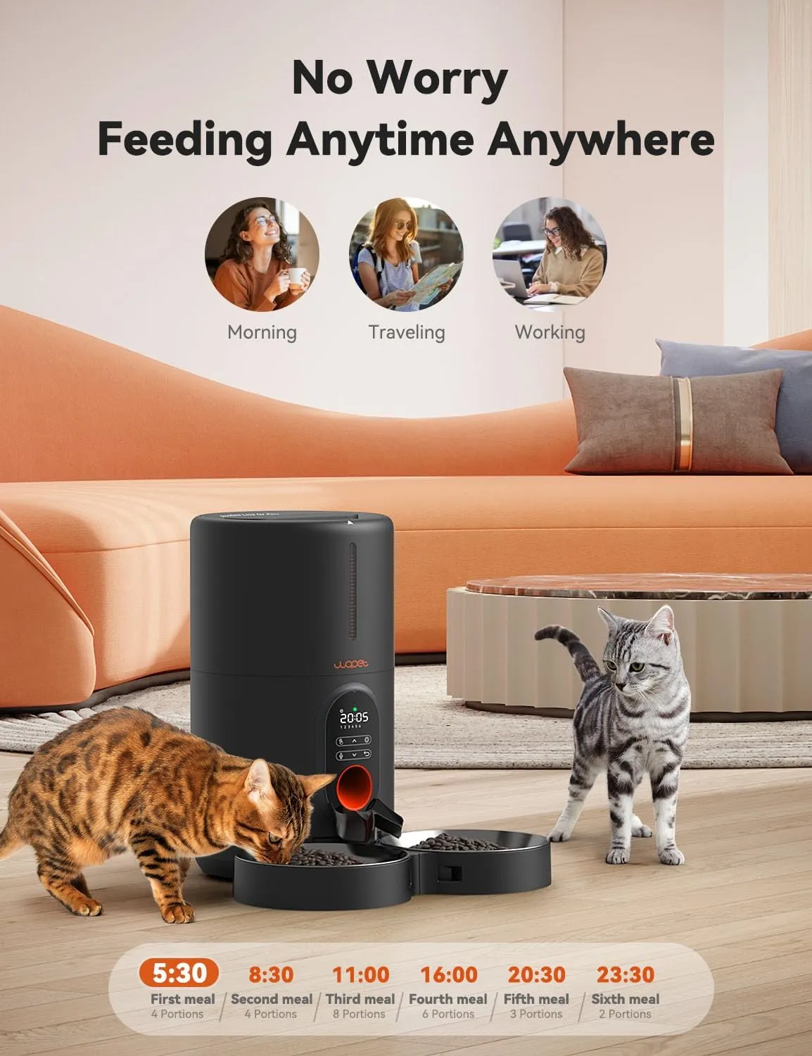 WOPET Automatic Cat Feeders 2 Cats-(𝟮𝟬𝟮5 𝗨𝗽𝗴𝗿𝗮𝗱𝗲) Timed Cat Feeder with Stainless Steel Bowl, Programmable 1-6 Meals Control, Dual Power Supply Auto Pet Feeder for Cats and Dogs