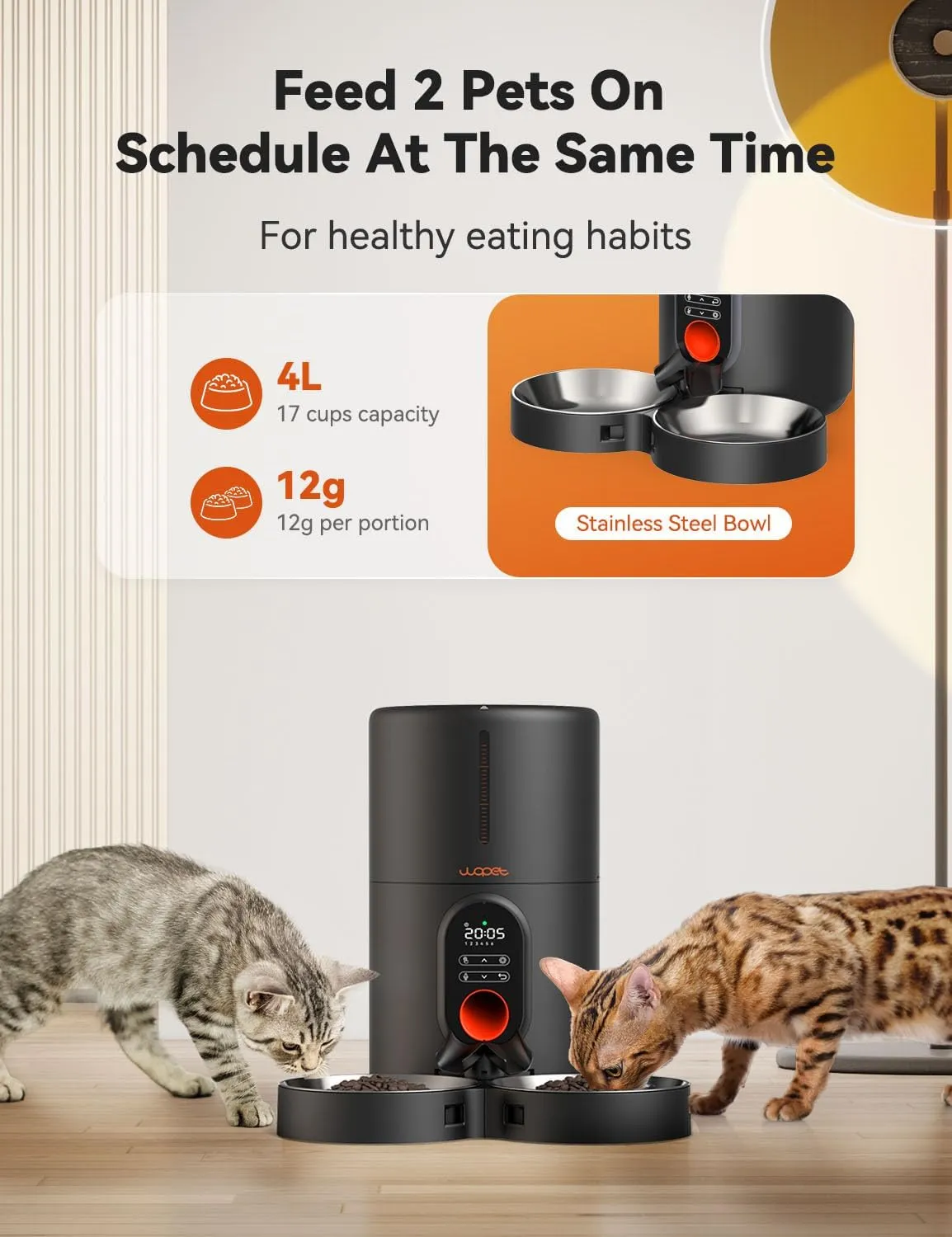 WOPET Automatic Cat Feeders 2 Cats-(𝟮𝟬𝟮5 𝗨𝗽𝗴𝗿𝗮𝗱𝗲) Timed Cat Feeder with Stainless Steel Bowl, Programmable 1-6 Meals Control, Dual Power Supply Auto Pet Feeder for Cats and Dogs