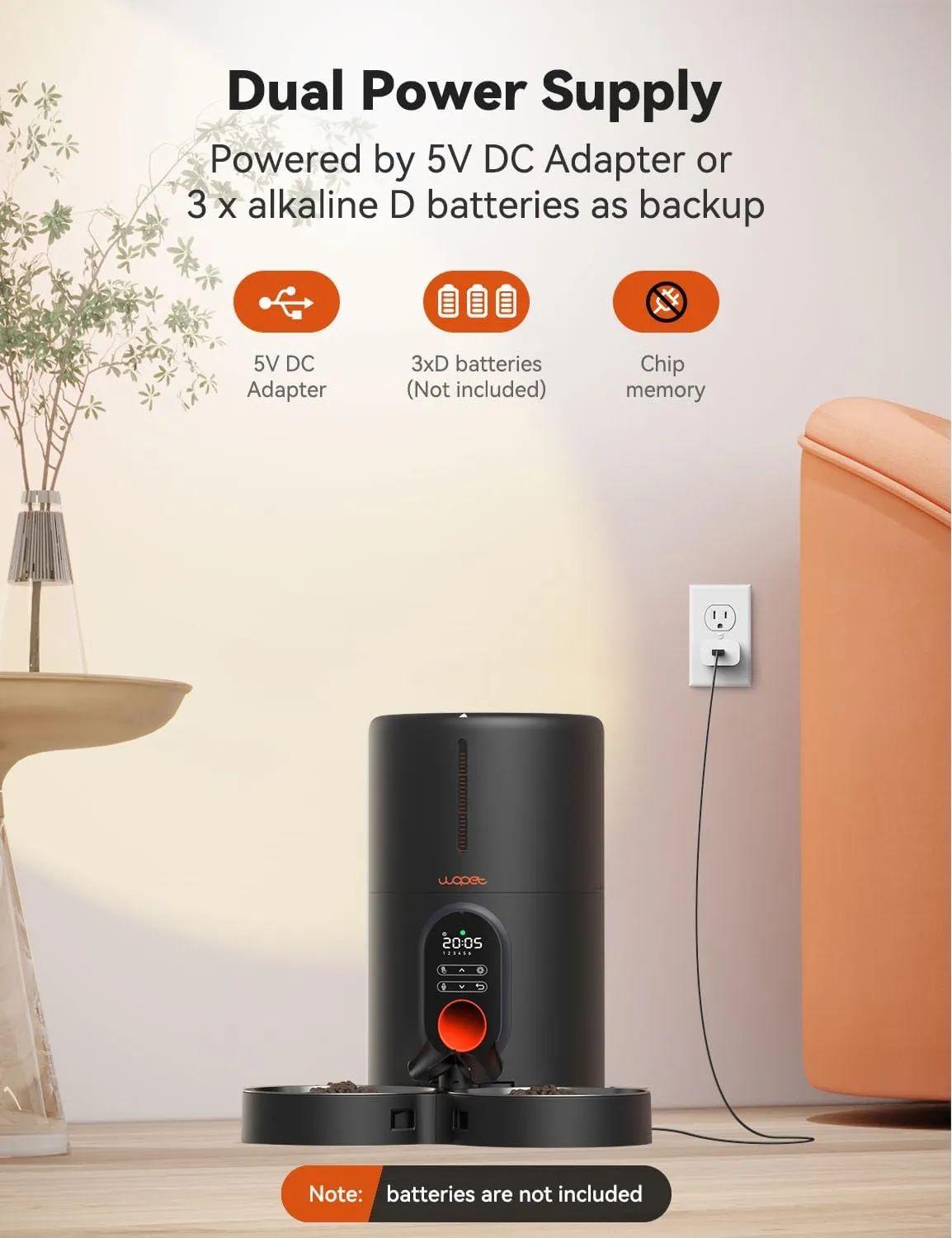 WOPET Automatic Cat Feeders 2 Cats-(𝟮𝟬𝟮5 𝗨𝗽𝗴𝗿𝗮𝗱𝗲) Timed Cat Feeder with Stainless Steel Bowl, Programmable 1-6 Meals Control, Dual Power Supply Auto Pet Feeder for Cats and Dogs