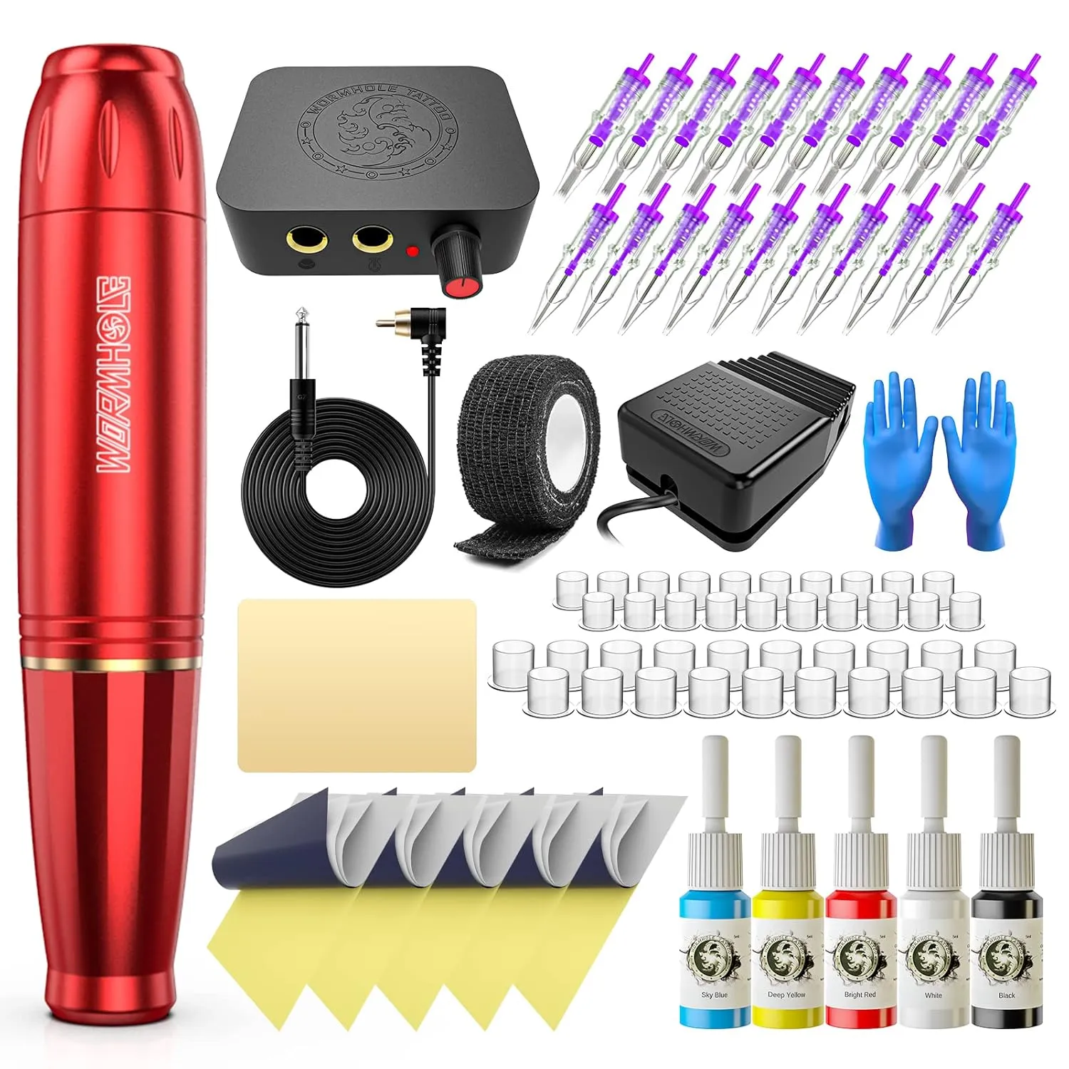 Wormhole Tattoo Kit Tattoo Gun Cartridge Machine Pen for Beginners Rotary Tattoo Machine Kit Professional Complete Tattoo Kit Supplies WTK070-B