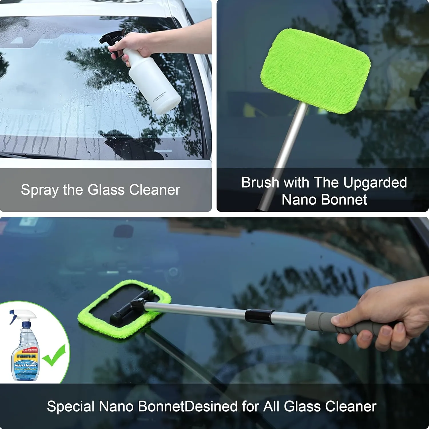 X XINDELL Windshield Glass Cleaning Tools - 27in, Microfiber Cloth Car Cleaning Tool with Extendable Handle and Reusable Cloth Auto Interior Accessories Glass Cleaner (Green)