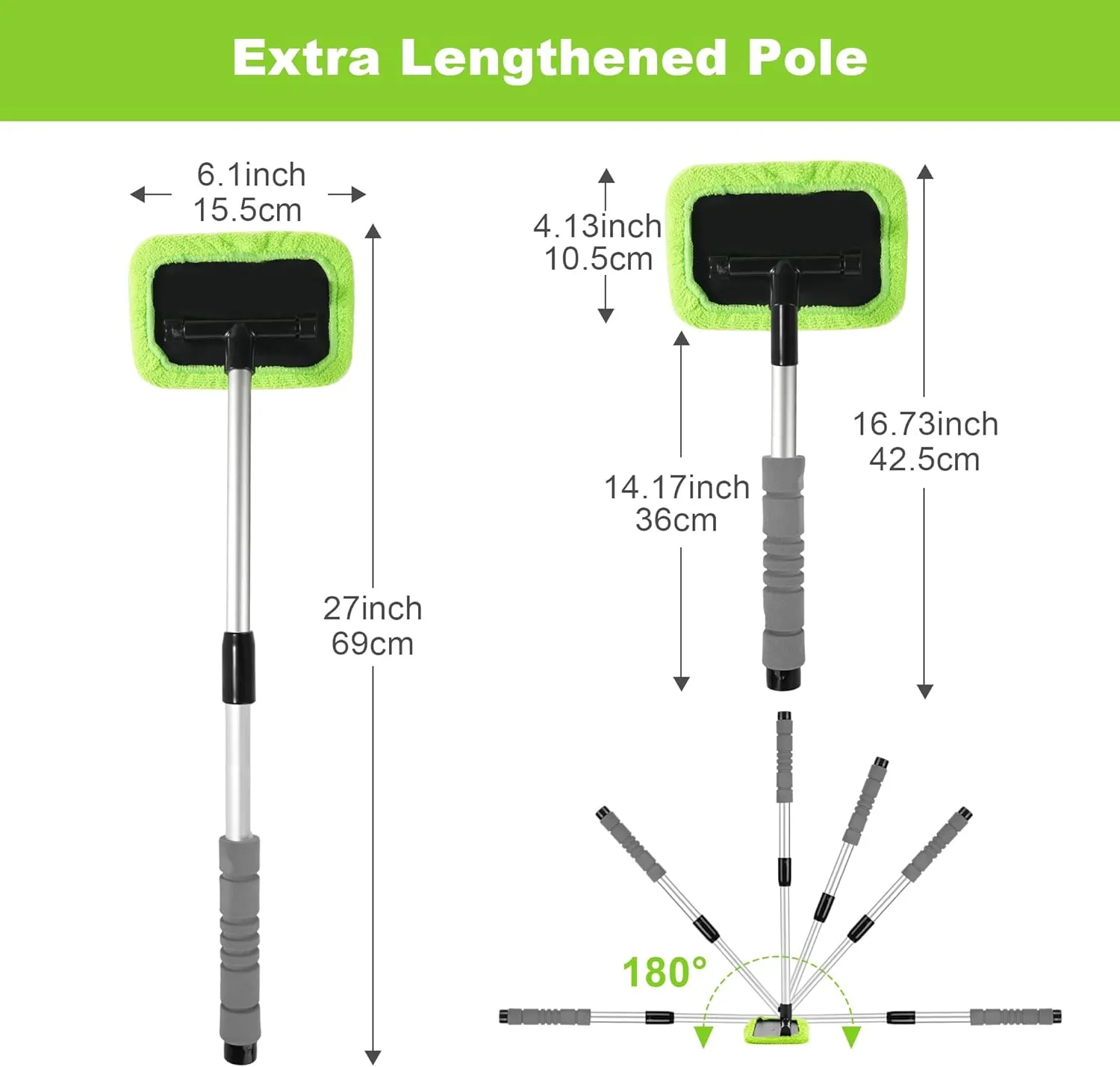X XINDELL Windshield Glass Cleaning Tools - 27in, Microfiber Cloth Car Cleaning Tool with Extendable Handle and Reusable Cloth Auto Interior Accessories Glass Cleaner (Green)