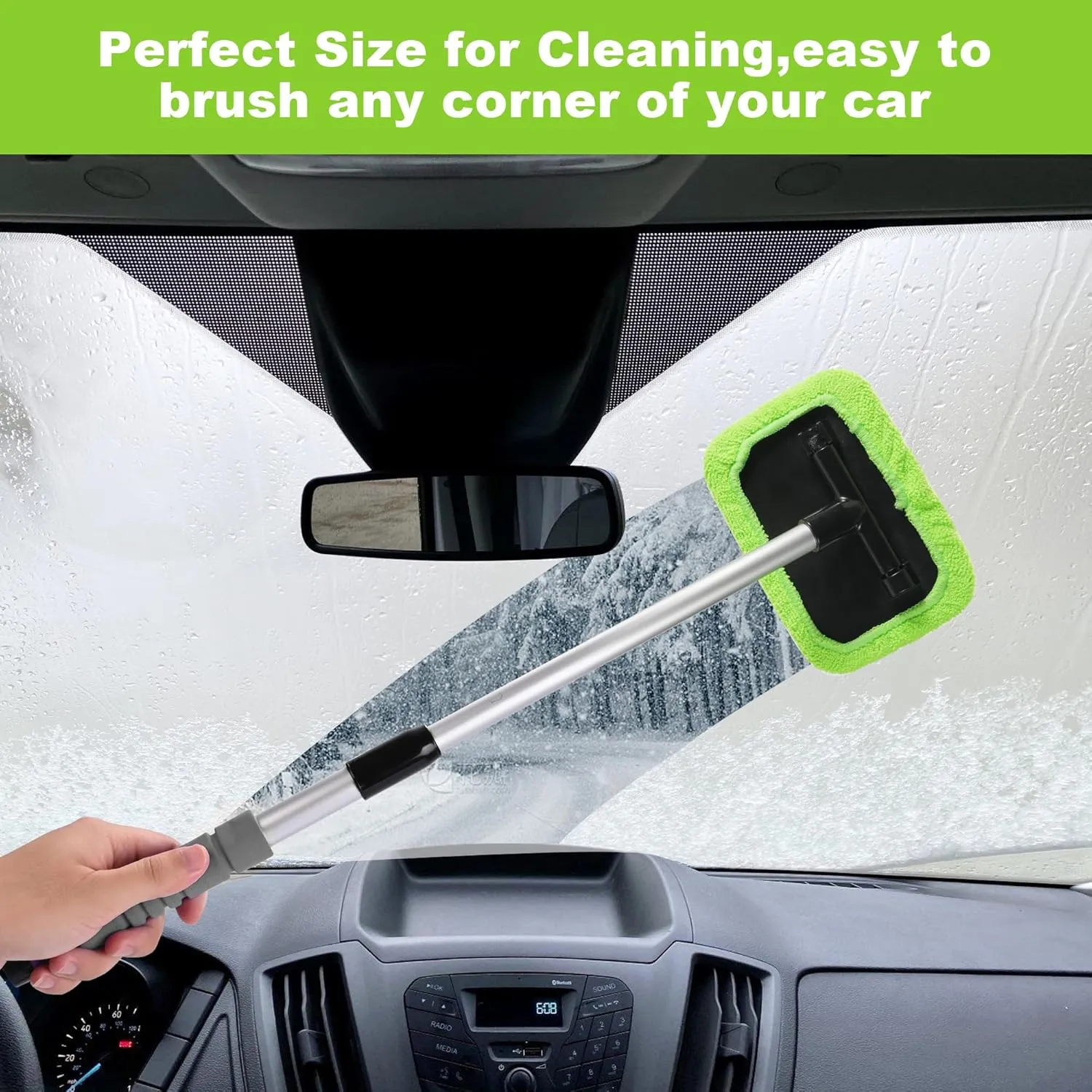 X XINDELL Windshield Glass Cleaning Tools - 27in, Microfiber Cloth Car Cleaning Tool with Extendable Handle and Reusable Cloth Auto Interior Accessories Glass Cleaner (Green)