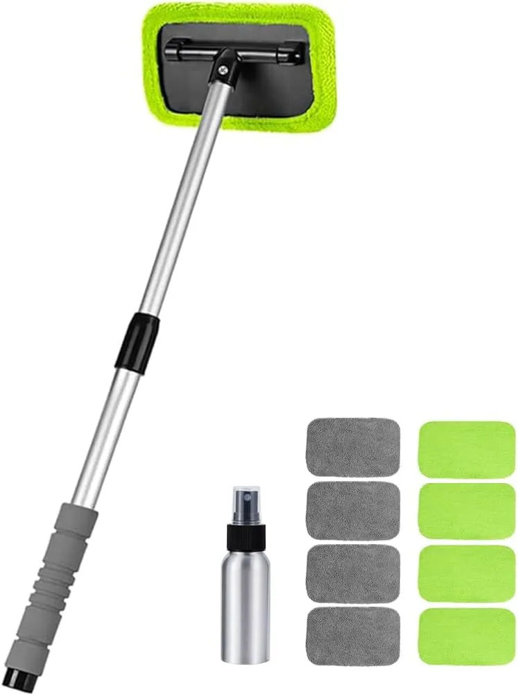 X XINDELL Windshield Glass Cleaning Tools - 27in, Microfiber Cloth Car Cleaning Tool with Extendable Handle and Reusable Cloth Auto Interior Accessories Glass Cleaner (Green)
