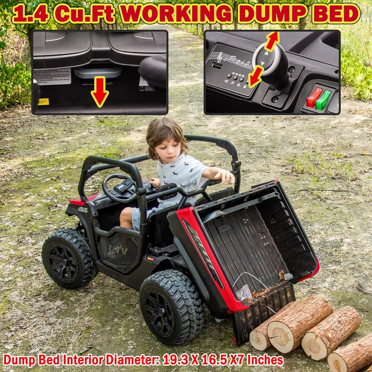 XL 24V 4WD Kids Side by Side UTV Ride On Dump Truck with Electric Dump Bed, 2 Seater Ride on Toys Car for Big Kids with Remote Control, EVA Tires, Rear Shock Absorbor, 4x75W Motors, Shovel, Music, Red
