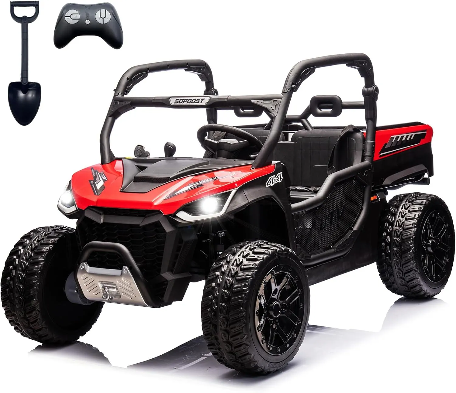 XL 24V 4WD Kids Side by Side UTV Ride On Dump Truck with Electric Dump Bed, 2 Seater Ride on Toys Car for Big Kids with Remote Control, EVA Tires, Rear Shock Absorbor, 4x75W Motors, Shovel, Music, Red
